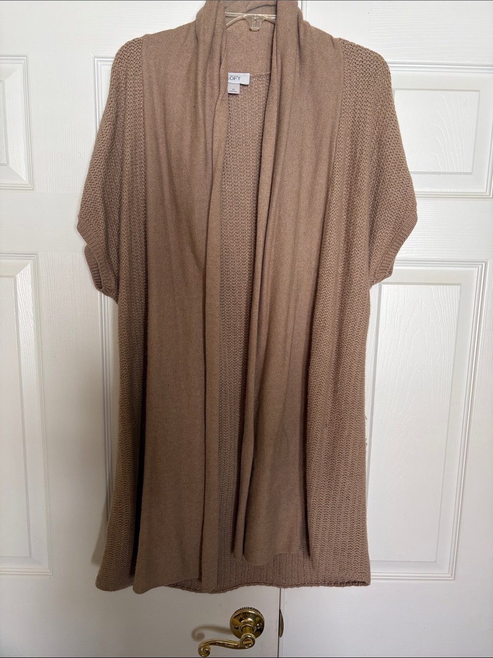 LOFT Taupe Open-Front Short Sleeve Knit Cardigan